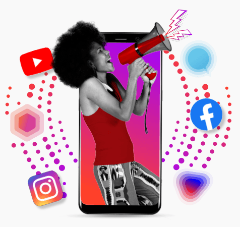 Woman holding a loudspeaker with a mobile phone in the background