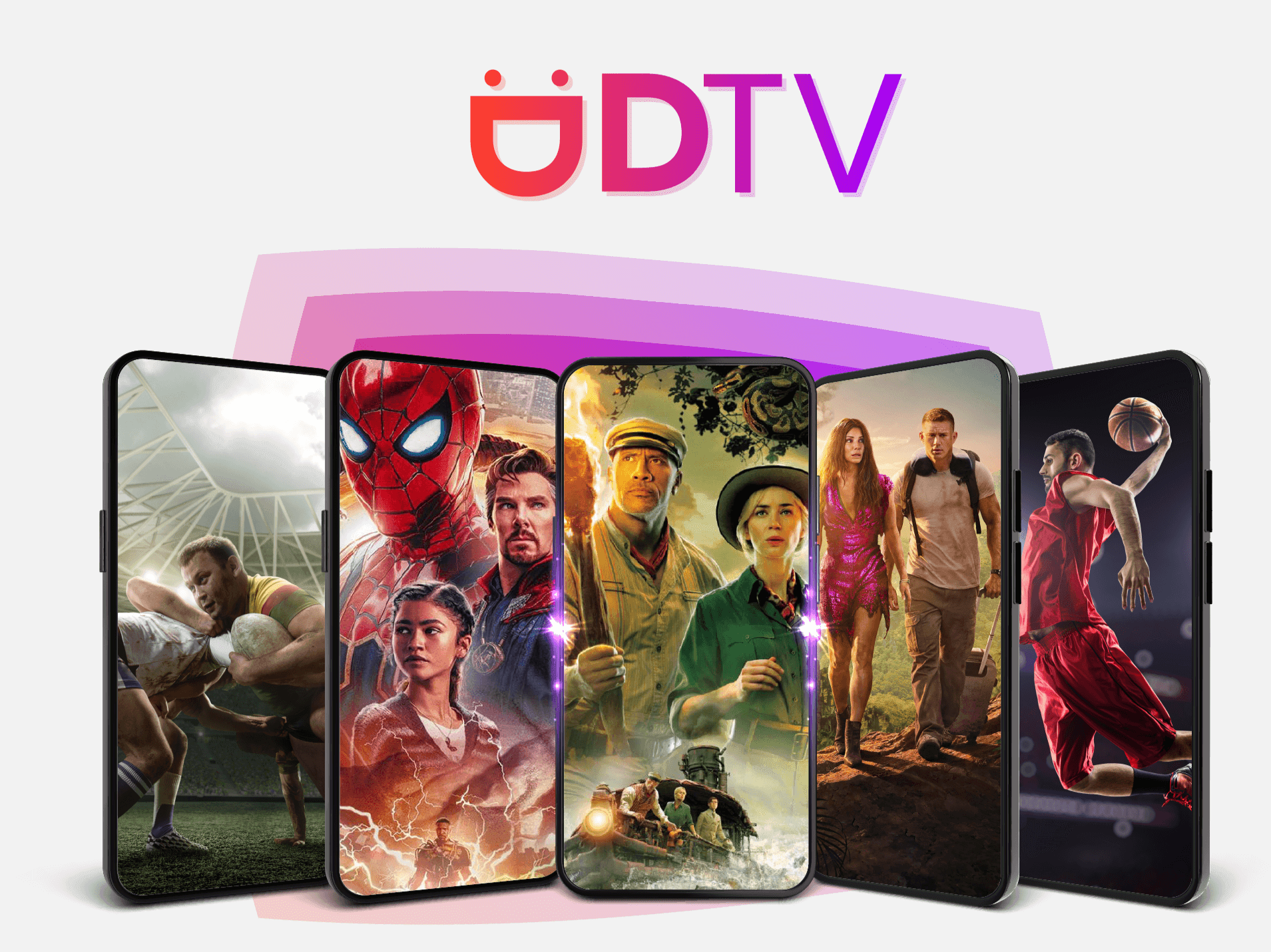 Five phones, with sports and movies, and the DTV logo