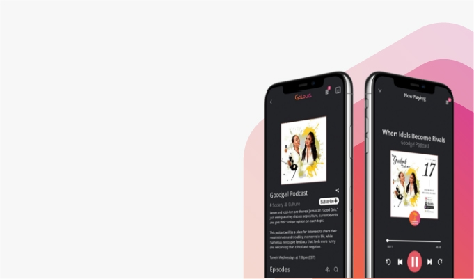Two phones showing podcasts open in the GoLoud app