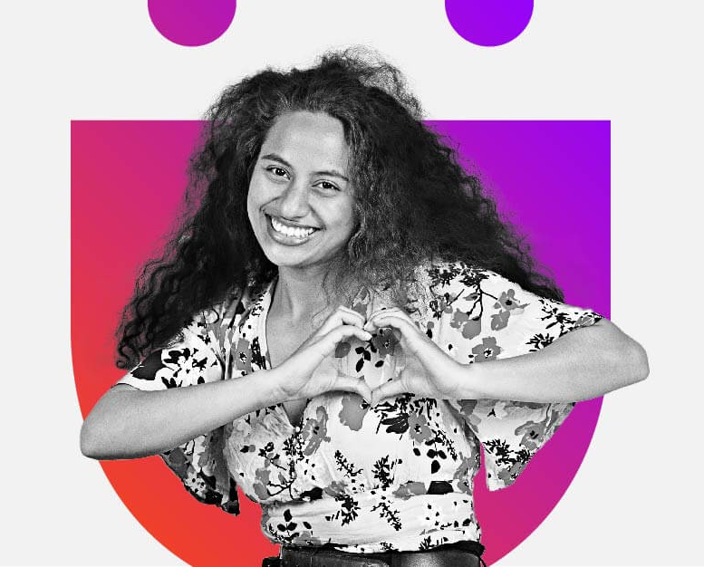 A woman making a heart with her hands, with the Digicel logo in the background