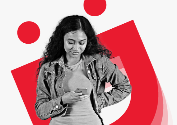 Woman smiling at phone with Digicel logo in background