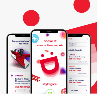 Three phones with the MyDigicel app open, playing Shake To Win