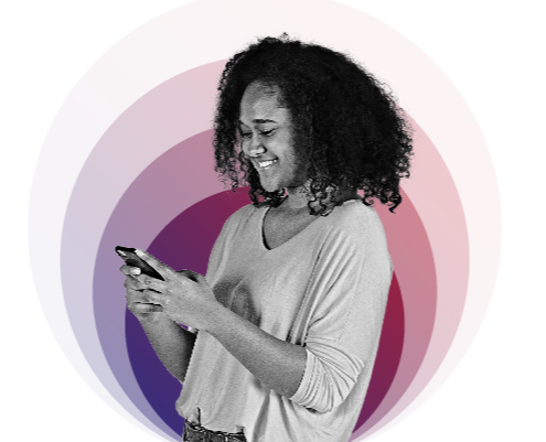 Woman smiling at phone with Loop logo in background