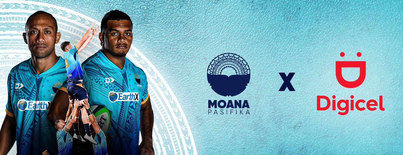 A poster with two Moana Pasifika players posing, Rugby players in the foreground, and the text  "Moana Pasifika X Digicel"