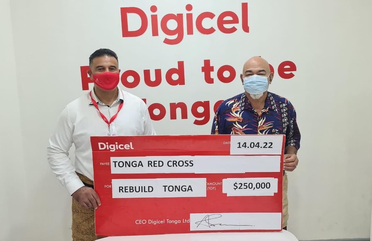 Digicel Tonga CEO, Anthony Seuseu, presenting a check for $250,000 TOP to the Tonga Red Cross
