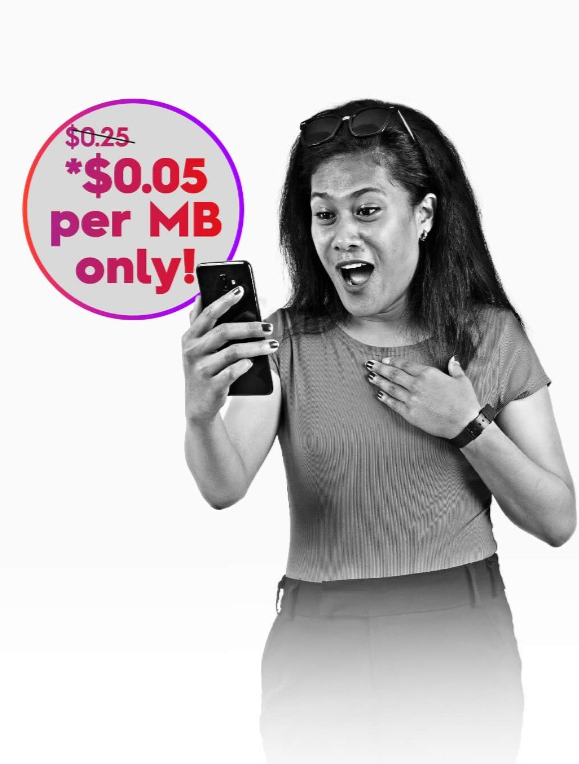 Woman smiling at phone, with text "$0.05 per MB only" and "$0.25" crossed out