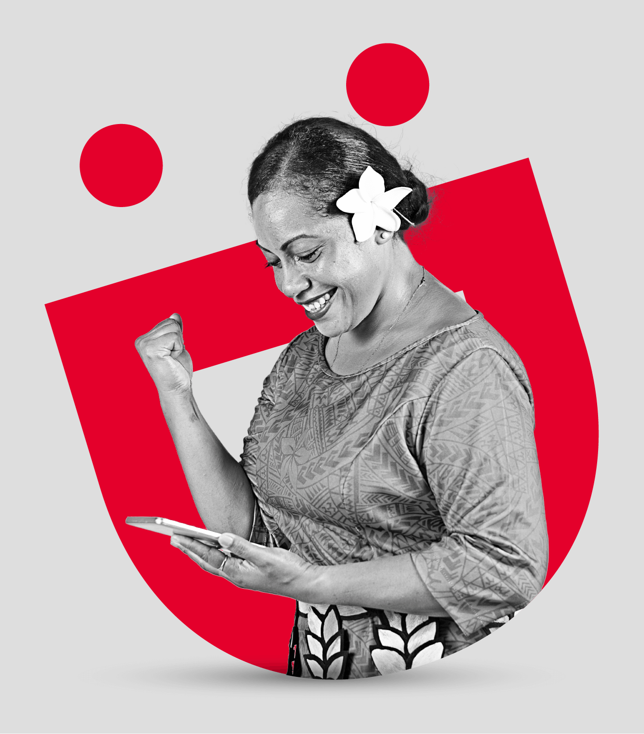 Woman smiling down at tablet, with Digicel logo in the background
