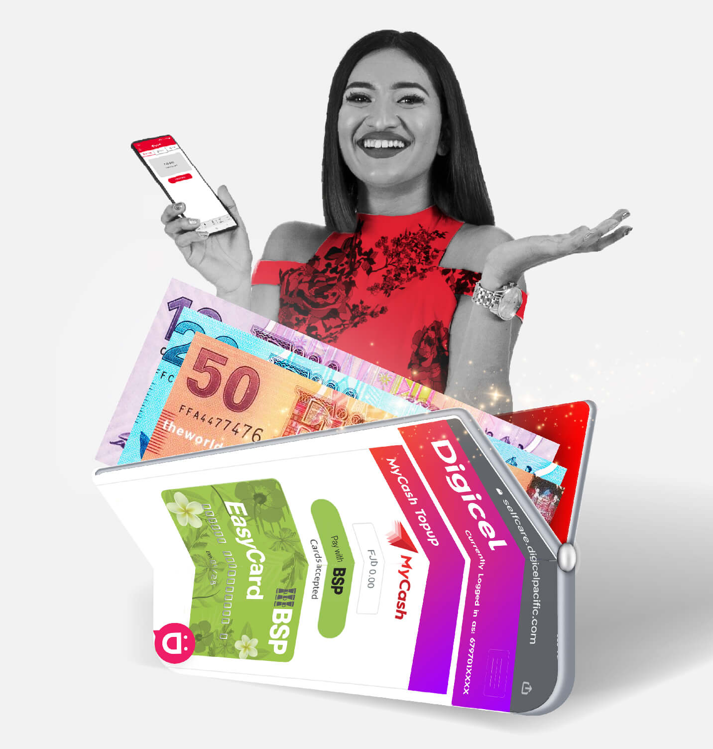 A  woman smiling next to a mobile phone with the MyCash app, with cash flying out of it