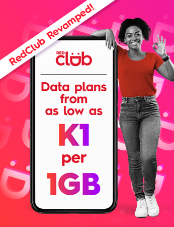 A woman smiling, next to a mobile phone with the text "REDClub Data plans from as low as K1 per 1GB", and a banner that reads "RedClub Revamped"