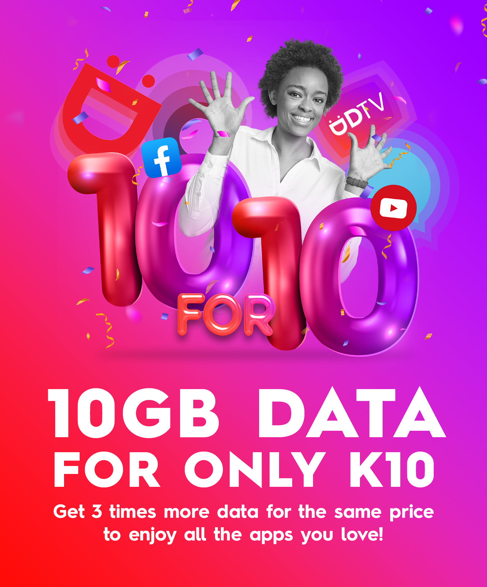 A woman smiling showing her ten fingers for a data bundle offer