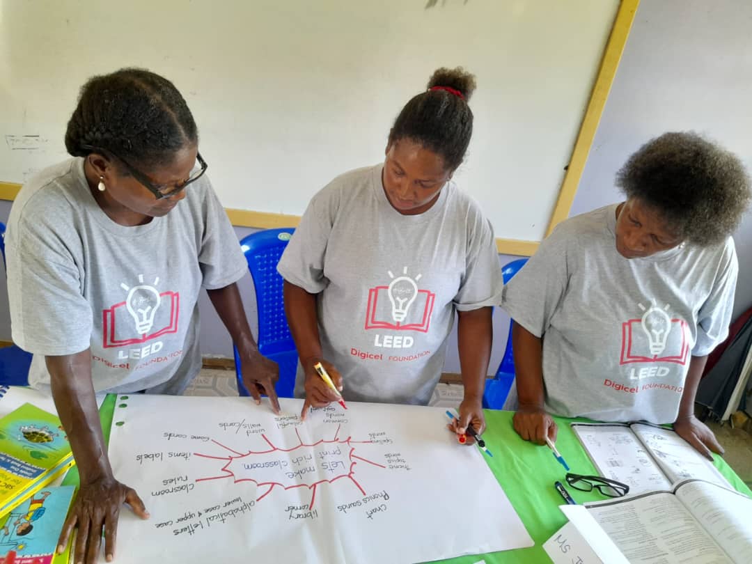 Teachers working on a group demonstration activity during the second day of training, in Manus.